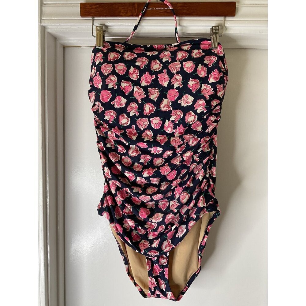 J. Crew Gemma Ruched Bandeau One-Piece Swimsuit Floral Print 14 Beach Resort